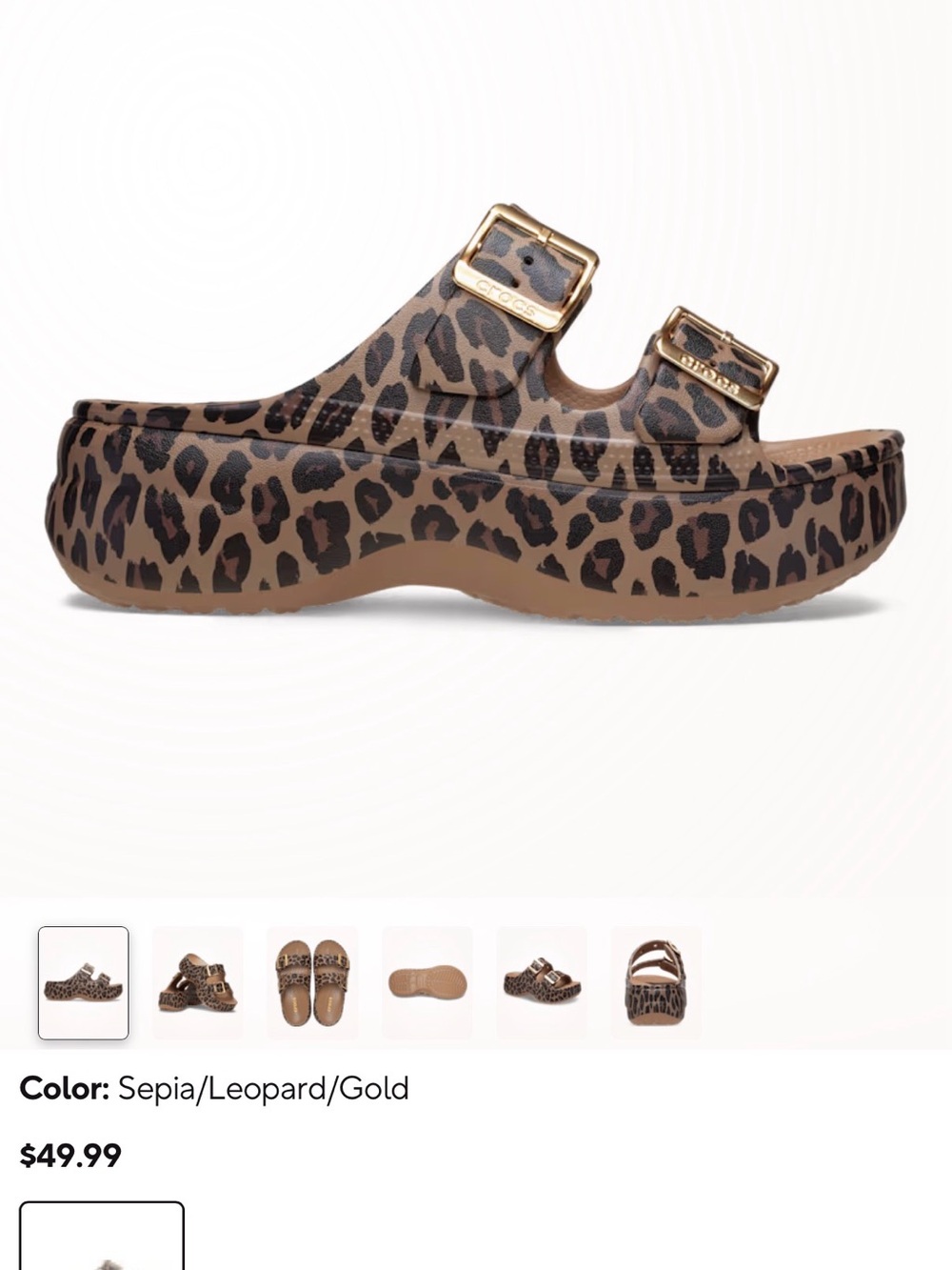 CROCS Women’s Leopard Print Platform Sandals with Gold Buckles - Picture 2 of 2